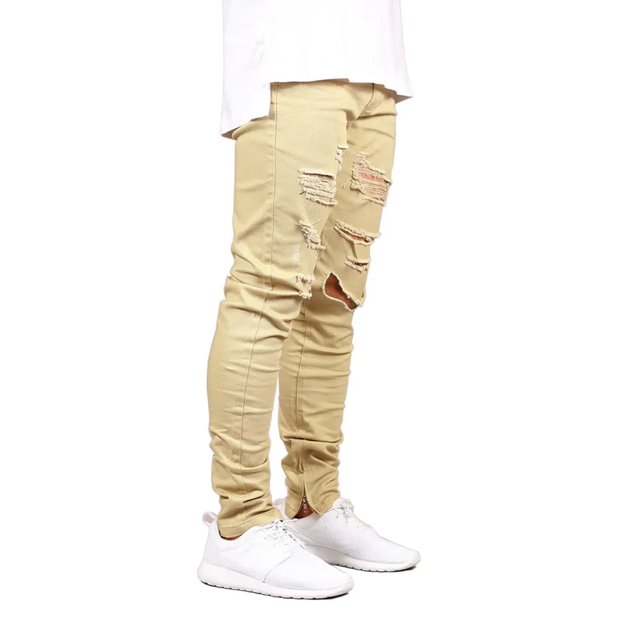 

Distressed Mens Super Skinny Jeans Blank Casual Stretched Cotton Baggy Denim Pants with Ankle Zipper Ripped Hole Jeans boys