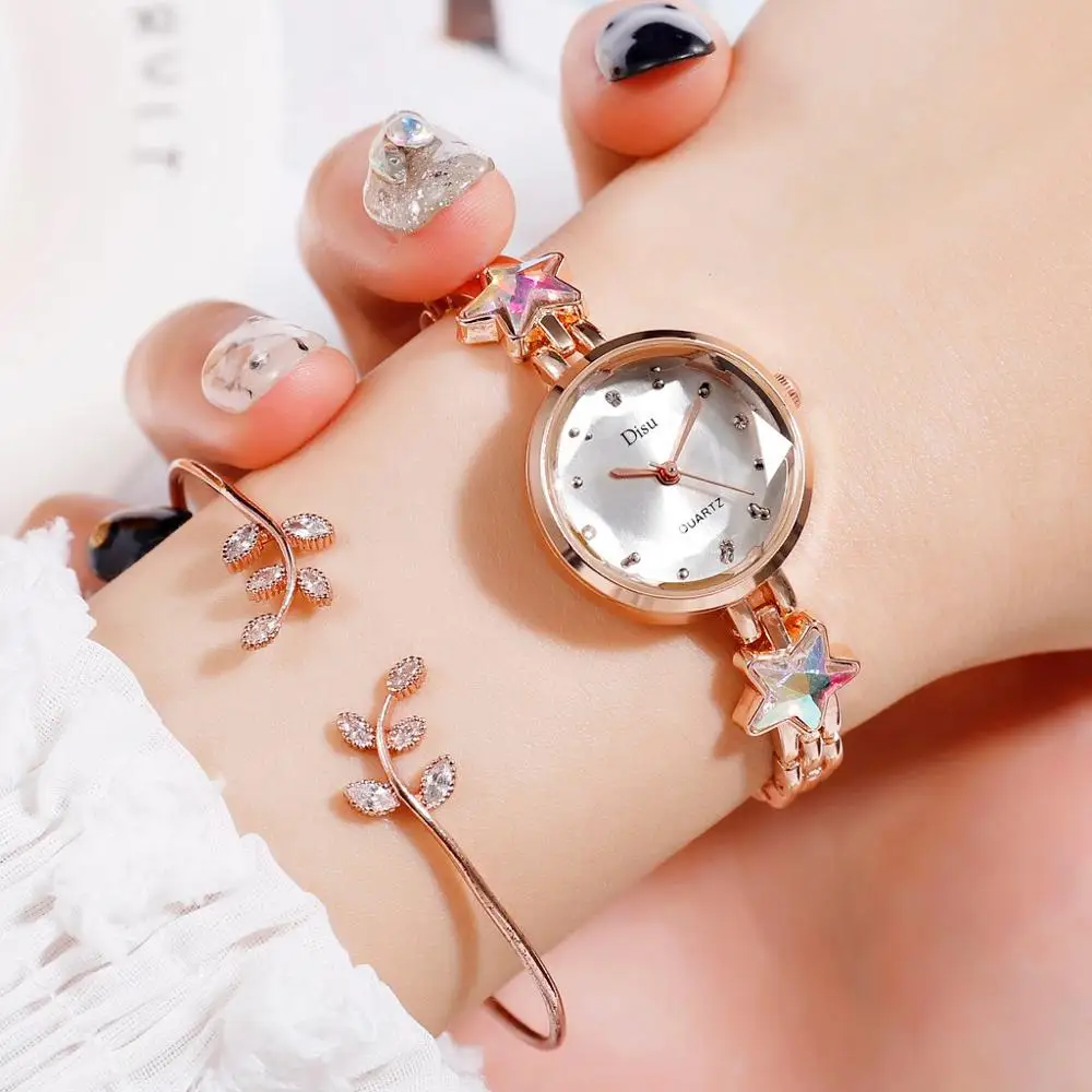 White Bracelet set Disu Brand Bracelet Dress Quartz Watches For Women Luxury Rose Starry Star Design Fashion Creative Ladies Clock Reloj Mujer - Цвет: White Bracelet set