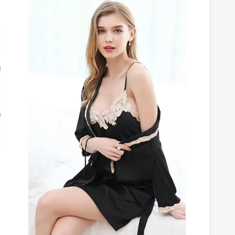 

2020 New Spring and Summer Sexy Silk Pajamas Viscose Fiber Nightgown with Chest Pad Slip Nightdress Lace Nightgown Two-Piece Set