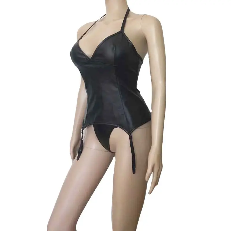 Сексуальный костюм женский черный из искусственной кожи на бретелях с лямкой