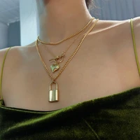 2pcs multilayer punk hip hop gothic lover love padlock pendant clavicle women necklace fashion charm couple jewelry gift