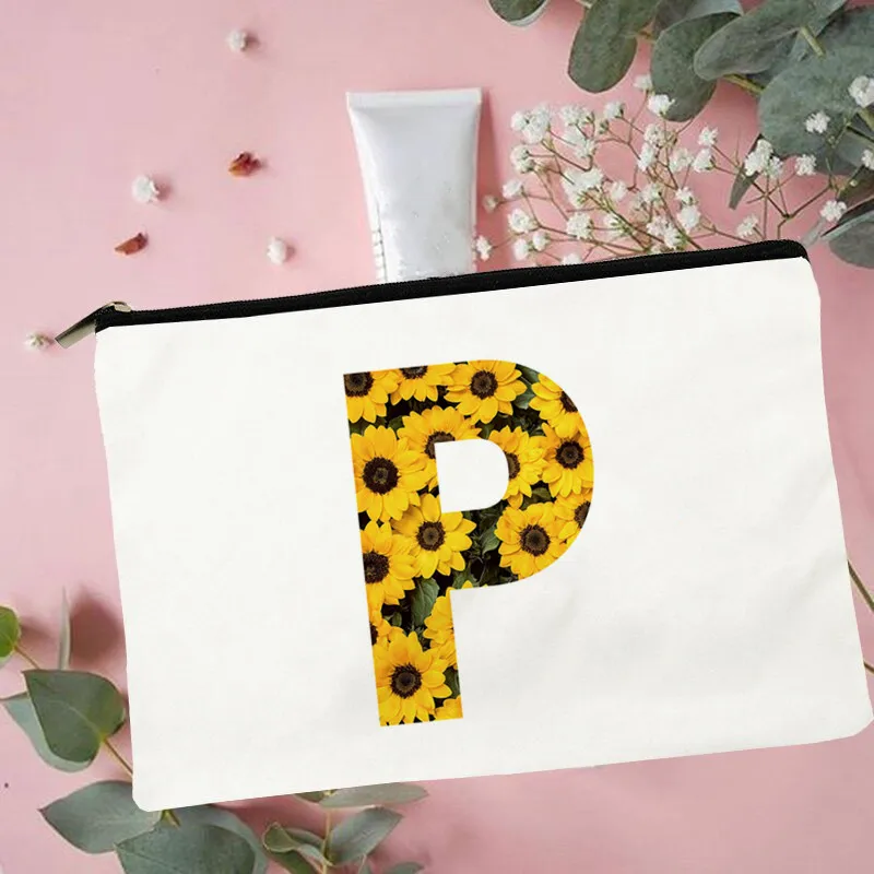 

Women Sunflowers Letter P Printed Make up bag Fashion Women Cosmetics Organizer Bag for Travel Colorful Storage Bag for Lady Bag