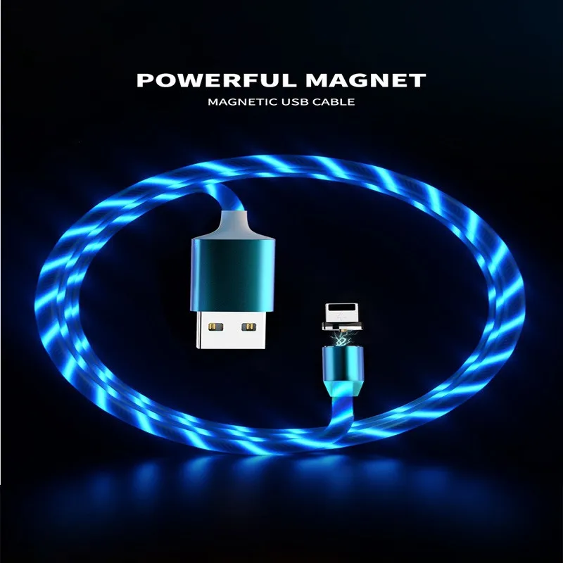 

1M Magnetic Flowing Light LED Micro USB Cable Type C Magnet Charger For iPhone 11 12 Pro Max 6S 7 8 Plus XR XS Fast Cables Wire