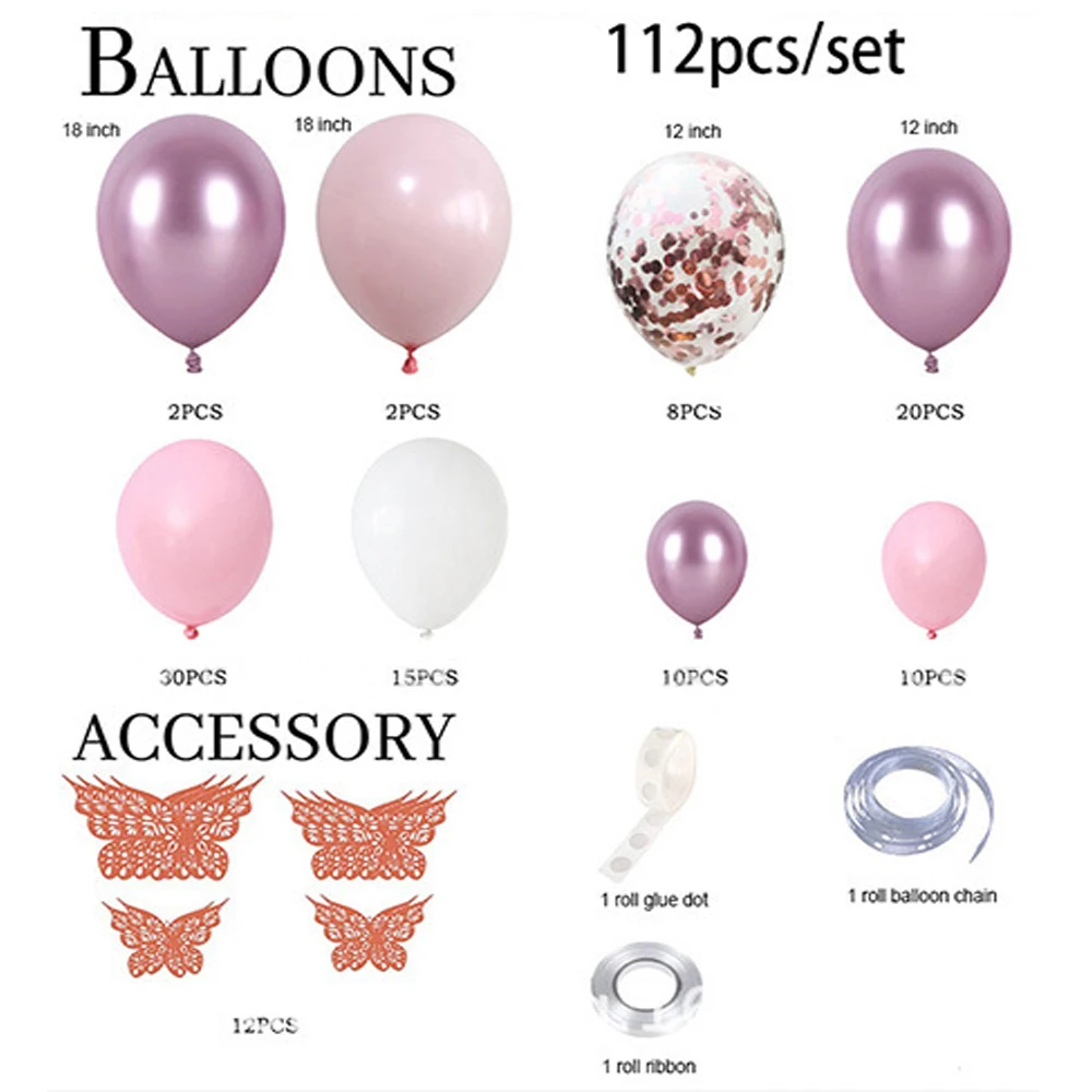 Kit de arco de guirnalda de globos de confeti para ni&ntilde;a y mujer, decoraci&oacute;n de fiesta de cumplea&ntilde;os con accesorio de mariposa 3D, suministros de boda, 112 piezas-2