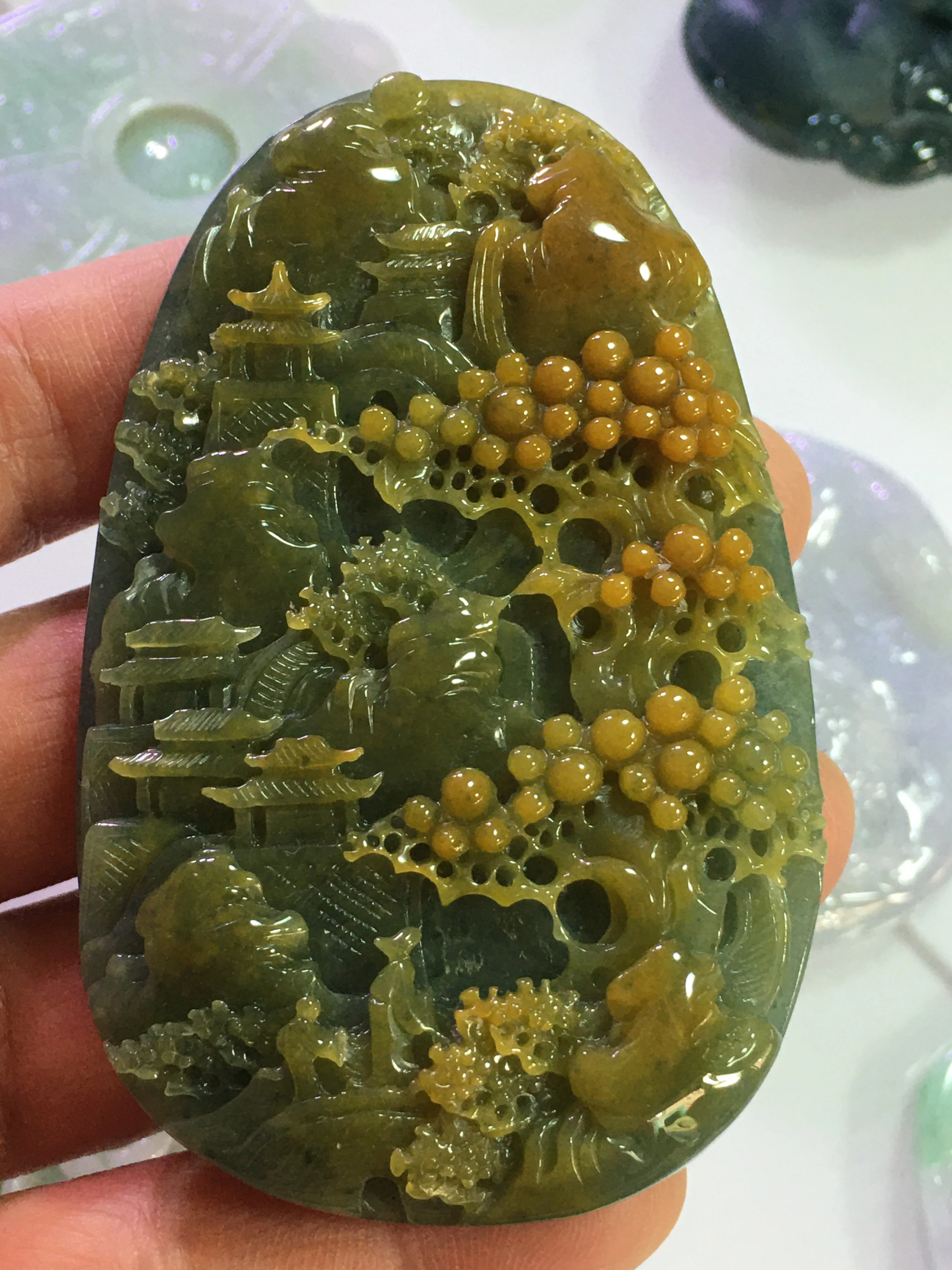 

Natural 7A Myanmar jade hollow Handcarved mascot of landscape jade emperor green jade pendant jade necklace pendants jewelry