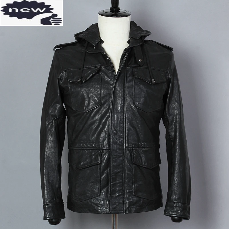 

Мужская куртка из натуральной овечьей кожи, с капюшоном, черного цвета, приталенная куртка с несколькими карманами, Осень-зима 2021