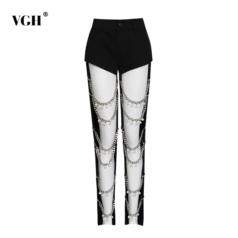 

Женские прямые длинные брюки VGH, Свободные Лоскутные Брюки с высокой талией и блестками, дизайнерские уличные брюки с вырезами, 2021