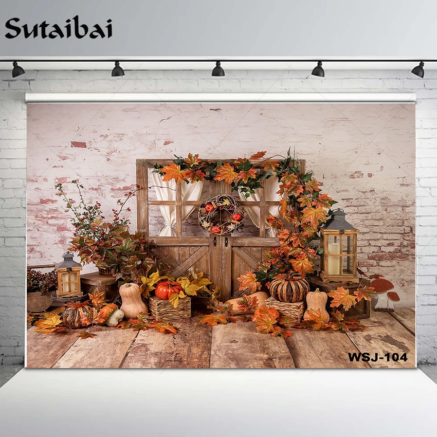 

Halloween Pumpkin Fall Backdrop Autumn Harvest Maple Leaves Rustic Wood Door Thanksgiving Photo Background Photography Backdrops
