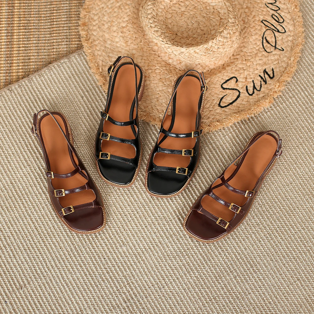 

ISNOM 2021 Women Sandals Genuine Leather Slingback Female Sandals Summer Round Toe Fashion Square Low Heel Buckle Women Sandals