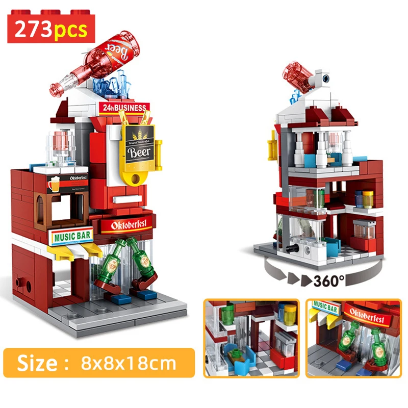 

City Series 200+PCS Mini Street View Ice Cream Shop Cinema Convenience Store Pizza Store Building Blocks Bricks Toy For Kid Gift