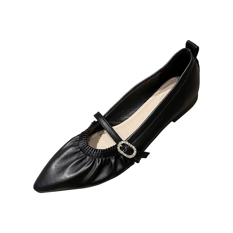 Buckle Crystal Strap Flats Woman Pointed Toe Grandma Shoes Women Pleated Elastic Band Loafers Comfy Soft Bottom Moccasins Femme