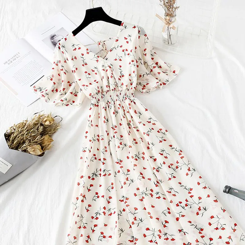 

2021 Summer Dress Women Short Sleeve Ruffled Chiffon Dresses Elegant Vestidos Sexy V-neck Floral Print Beach Midi Dress