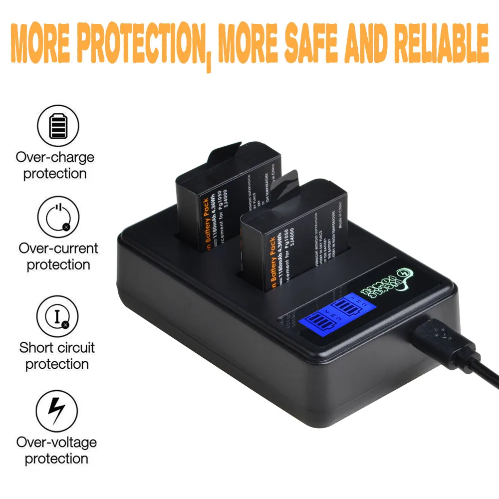4 шт. аккумулятор PG1050 1180 мАч и зарядное устройство USB с ЖК дисплеем для SJCAM SJ4000 M10