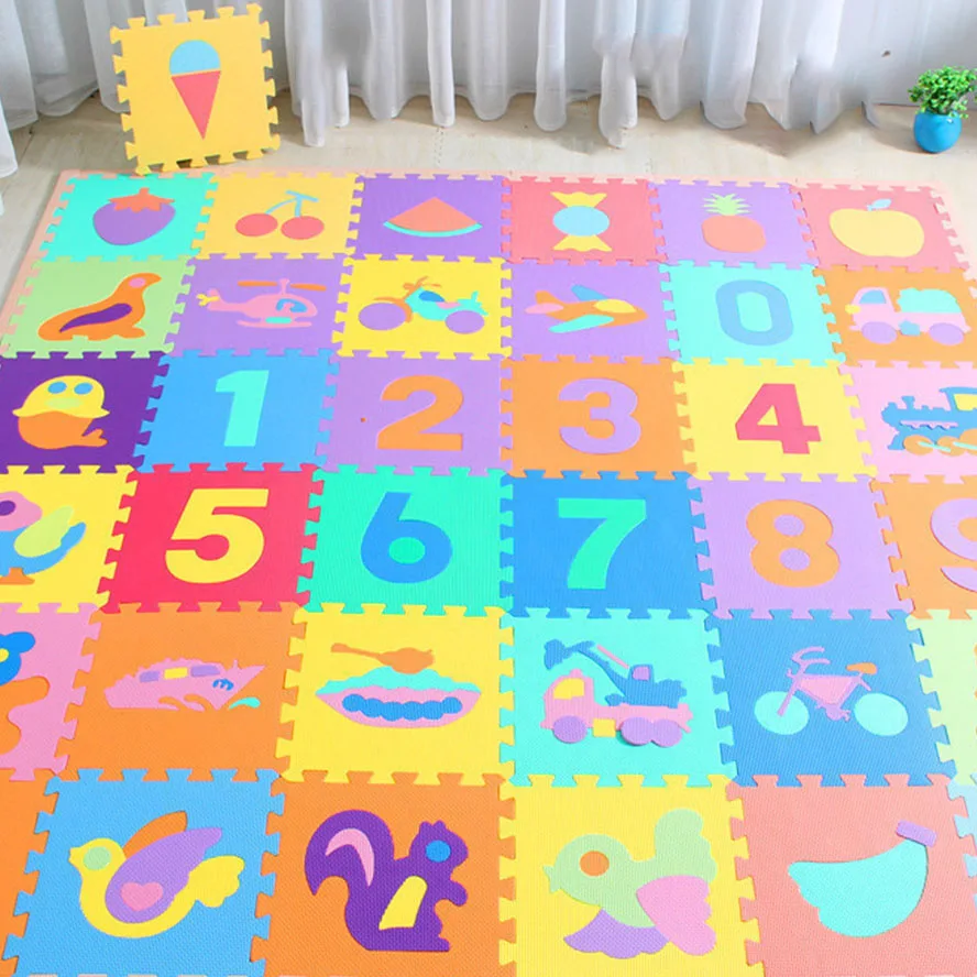 Alfombra de juego con dise&ntilde;o de n&uacute;meros y animales para ni&ntilde;os, Tapete de goma EVA de 30x30cm, para gatear, Yoga, 10 unids/set-0