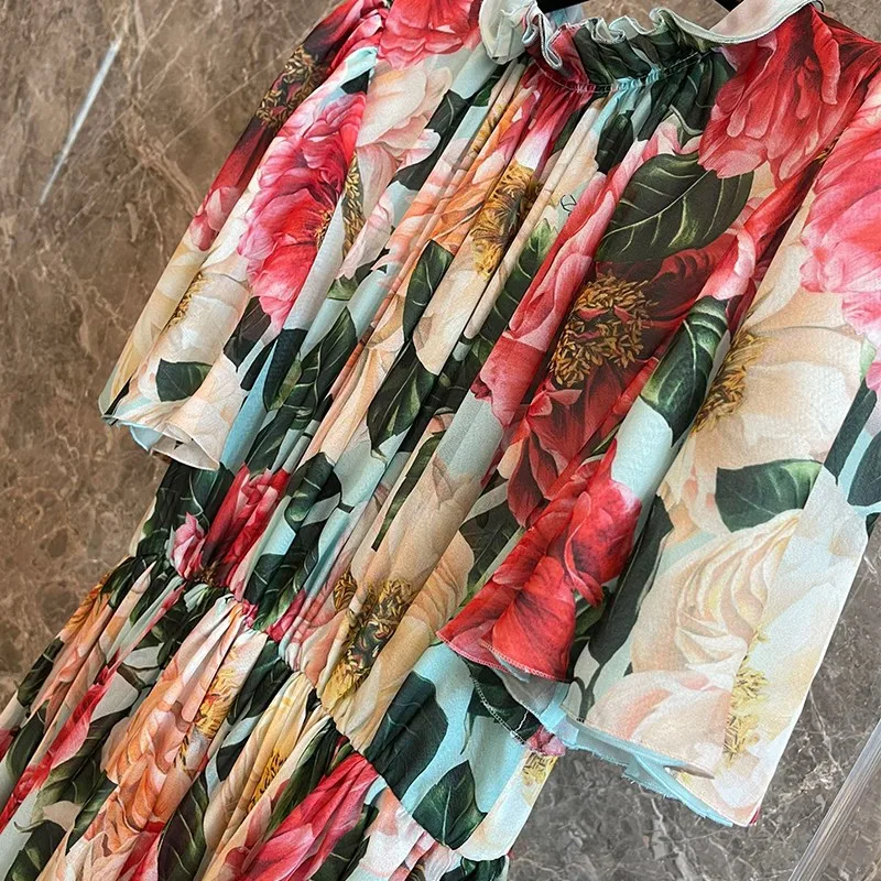 

2021 Summer New Arrival Hot Sale Pink Flowers Print Short Cloak Sleeves Ladies Elegant Vintage Silk Dresses