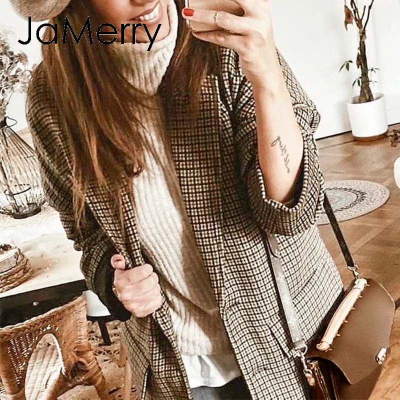 JaMerry уличная одежда Женский клетчатый Блейзер костюмы длинный рукав пуговицы