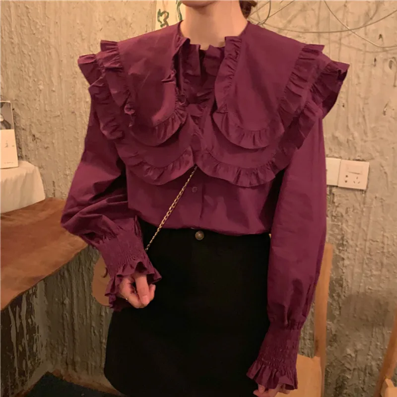 

Spring 2020 Women's Purple Shirts Lady Loose Ruffles Collar Shirts Femme Ruflfes Blouses Woman Tops