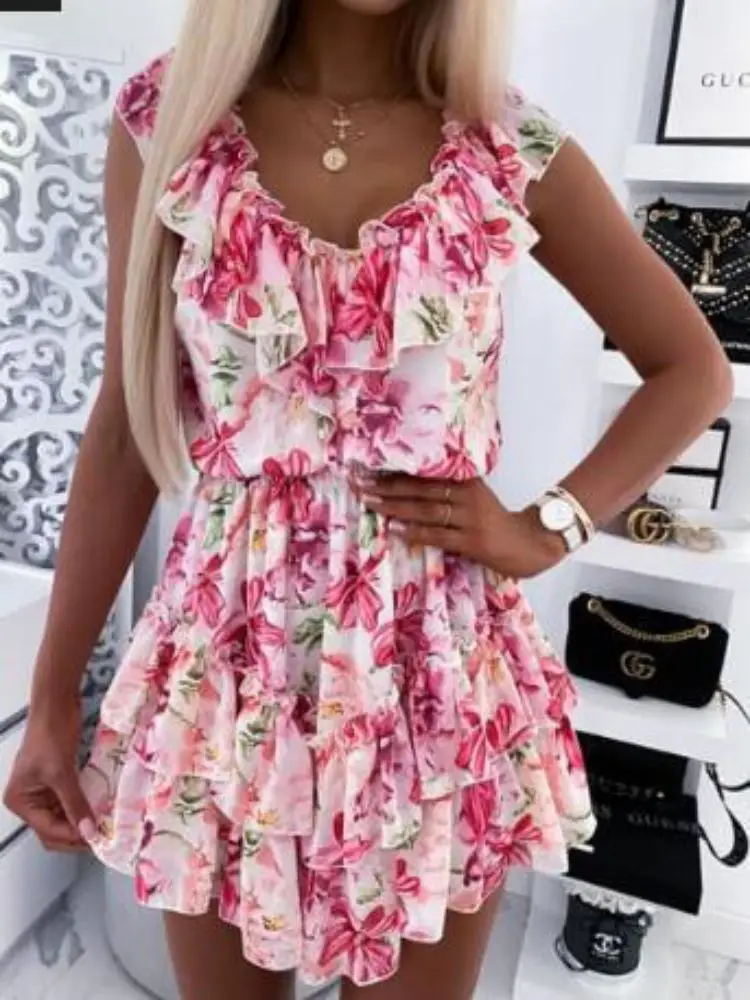 

New Summer Sleeveless Ruffles Flower Print Dress Women Bohemian Short Sleeve Beach Holiday Dress Ladies A-Line Party Vestidos