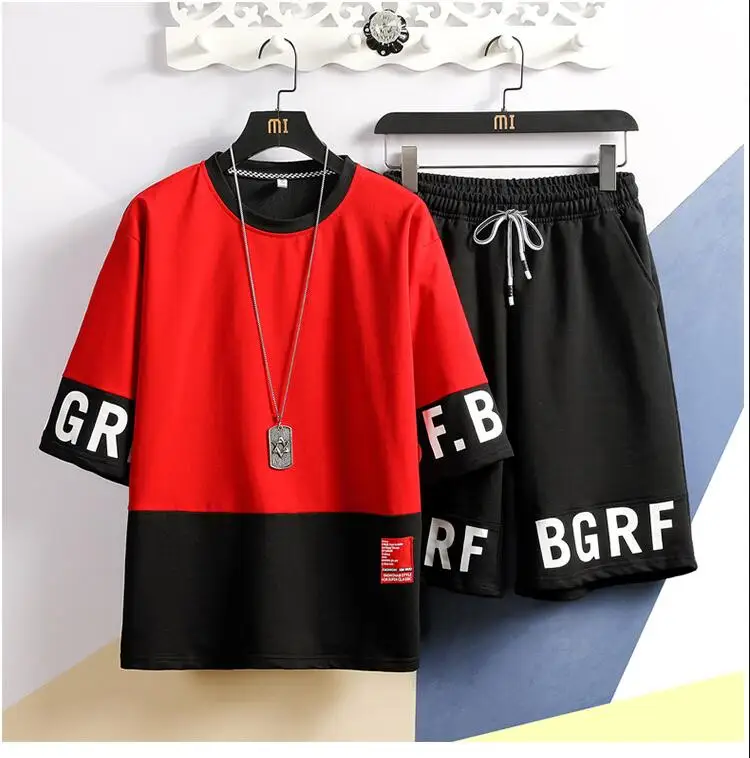 

New Summer Men Sportswear Sets T-shirts+pants 2 pieces Sets Men Hip Hop Casual Loose Sets Half Sleeve T-shirts+Slim Pants