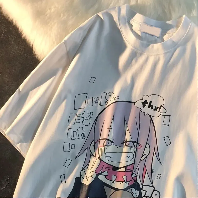 

women loose hip hop style top Cartoon print pattern clothes Japanese Second element ecstasy short-sleeve T-shirt Cute kawaii y2k