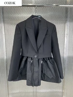 2021 new high quality drawstring waist closing skirt stitching suit jacket women fashion long sleeve lapel drawstring jacket