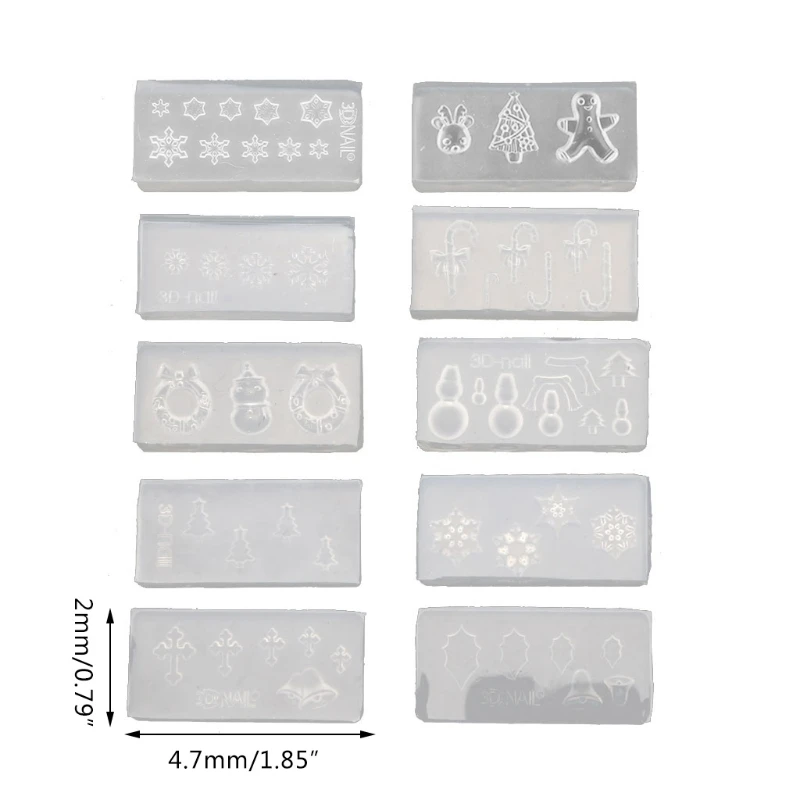 

10Pcs Christmas Theme Snowflake Snowman Nail Art Silicone Mold Kit Craft Tools