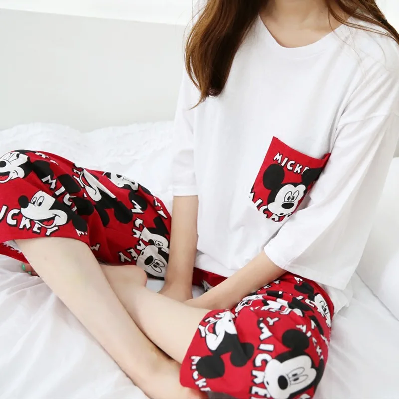 

Two Pieces Short Sleeved Women Pajamas Sets Nightwear Home Suit Cartoons Sleepwear Leisure Clothes Personality Tops Pants NW56