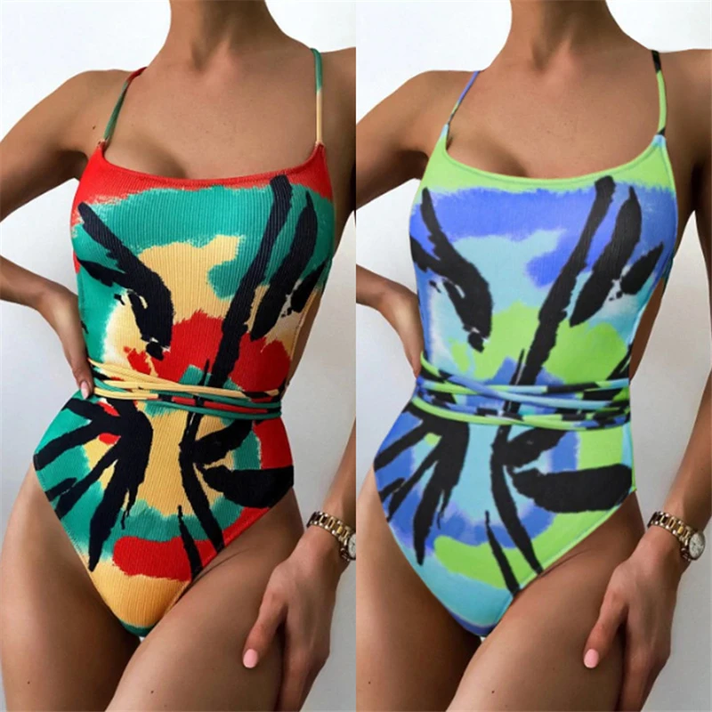 

Green Tropical Print Swimsuit Sexy Push Up Women Monokini 2021 New Girls Beach Bathing Suits Female Swimwear Beachwear