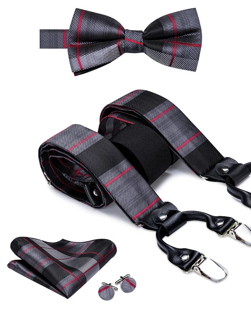 

Подтяжки галстук бабочка из 100% шелка для взрослых мужчин, набор из кожи и металла, 6 зажимы подтяжек, винтажные клетчатые подтяжки