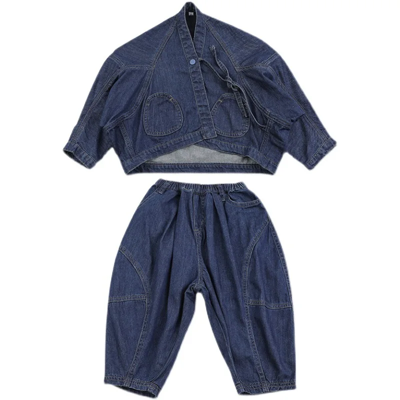 

Детский джинсовый комплект из двух предметов, модная верхняя одежда с длинным рукавом и поясом, пальто и длинные штаны для маленьких девоче...