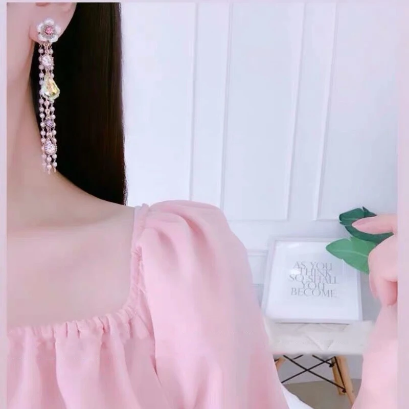 

MENGJIQIAO Korean Fashion Acrylic Flower Waterdrop Crystal Dangle Earrings For Women Elegant Pearl Tassel Pendientes Jewelry