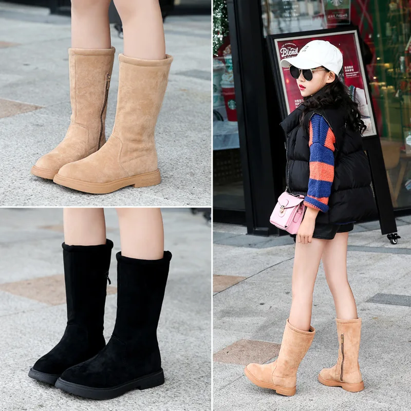 Сапоги для девочек замшевые однотонные Зимние теплые плюшевые до середины икры