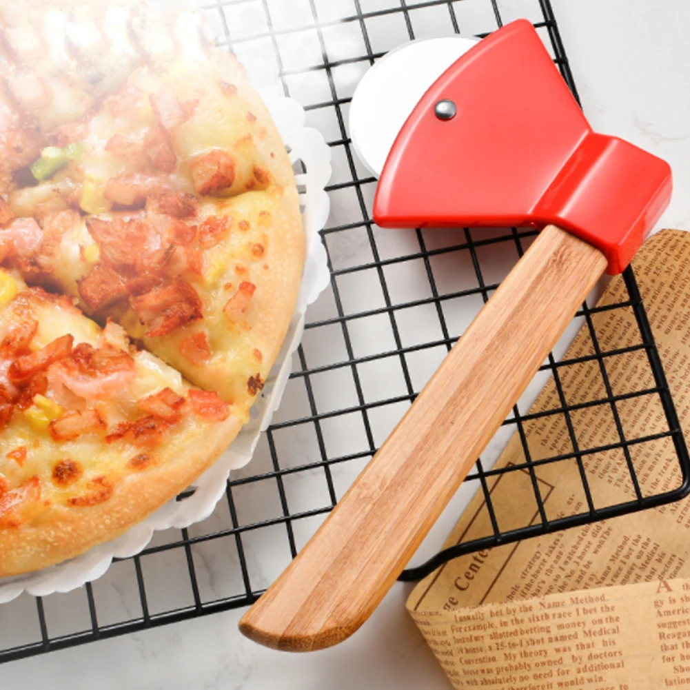 

Stainless Steel Axe Wood Handle Pizza Cutter Rotating Blade Home Kitchen Single Wheel Cutting Tool Waffle Cookies Cake Cutting