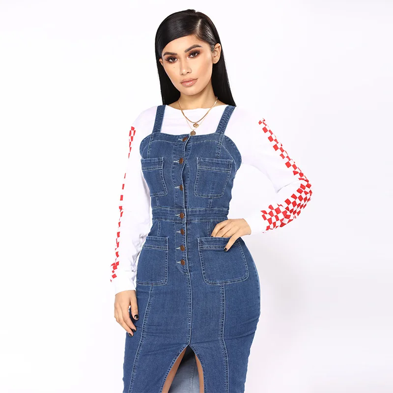 

Best Selling Women Solid Spaghetti Strap Bodycon Dresses Light Washes Lady's Single-breasted Pockets Split Knee-length Dress