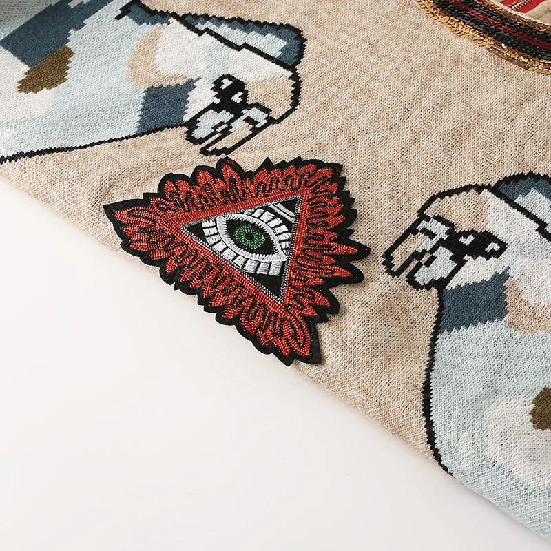 Star same heavy industry Sequin 3D parrot embroidery back zipper knit gold thread long sleeve round neck sweater female B-009 | Женская