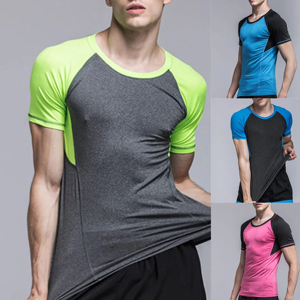 

Men's new T-shirt top solid color stitching quick-drying casual short-sleeved tight-fitting sports T-shirt top 2021