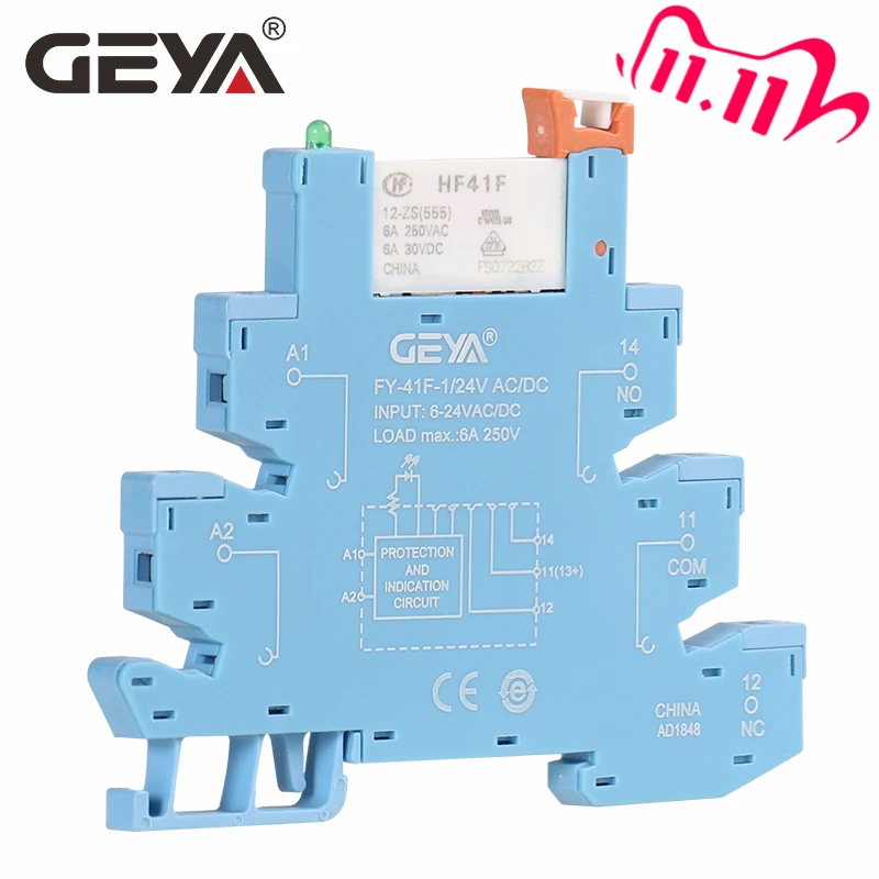 Узкое реле GEYA FY 41F 1 Din Rail защитная цепь модуля 6 А 12 В постоянного тока/переменного