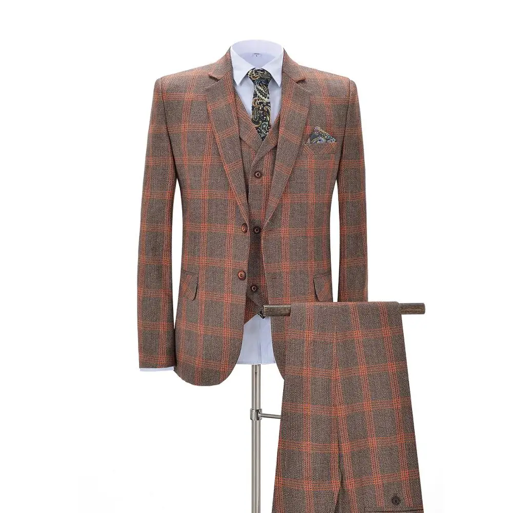 Деловые мужские костюмы из 3 предметов Классические Клетчатые Шерстяные