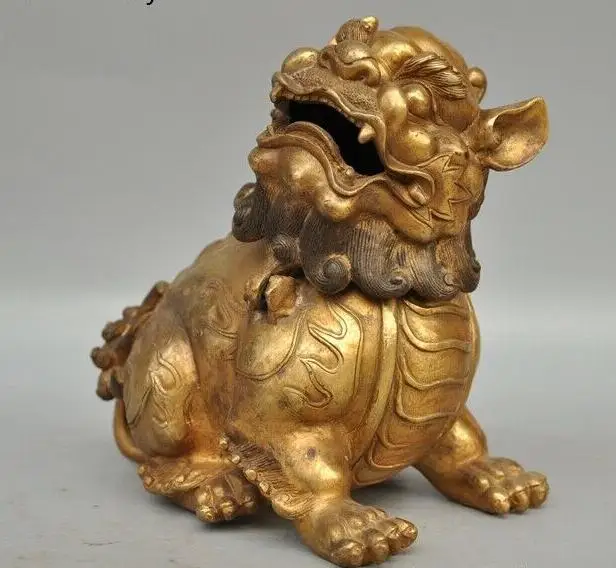 7 &quotКитайский фэн шуй Бронзовая позолоченная Статуя Льва собака фу собаки