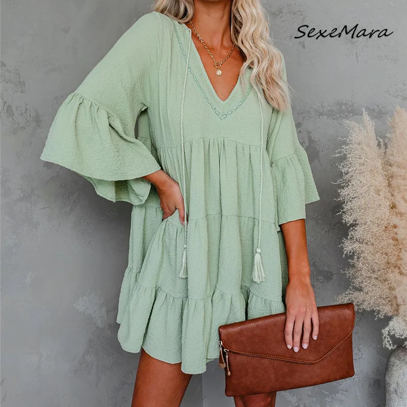 

Casual Vintage Loose 2022 Flare Sleeves Ruffles Mini Dress for Women