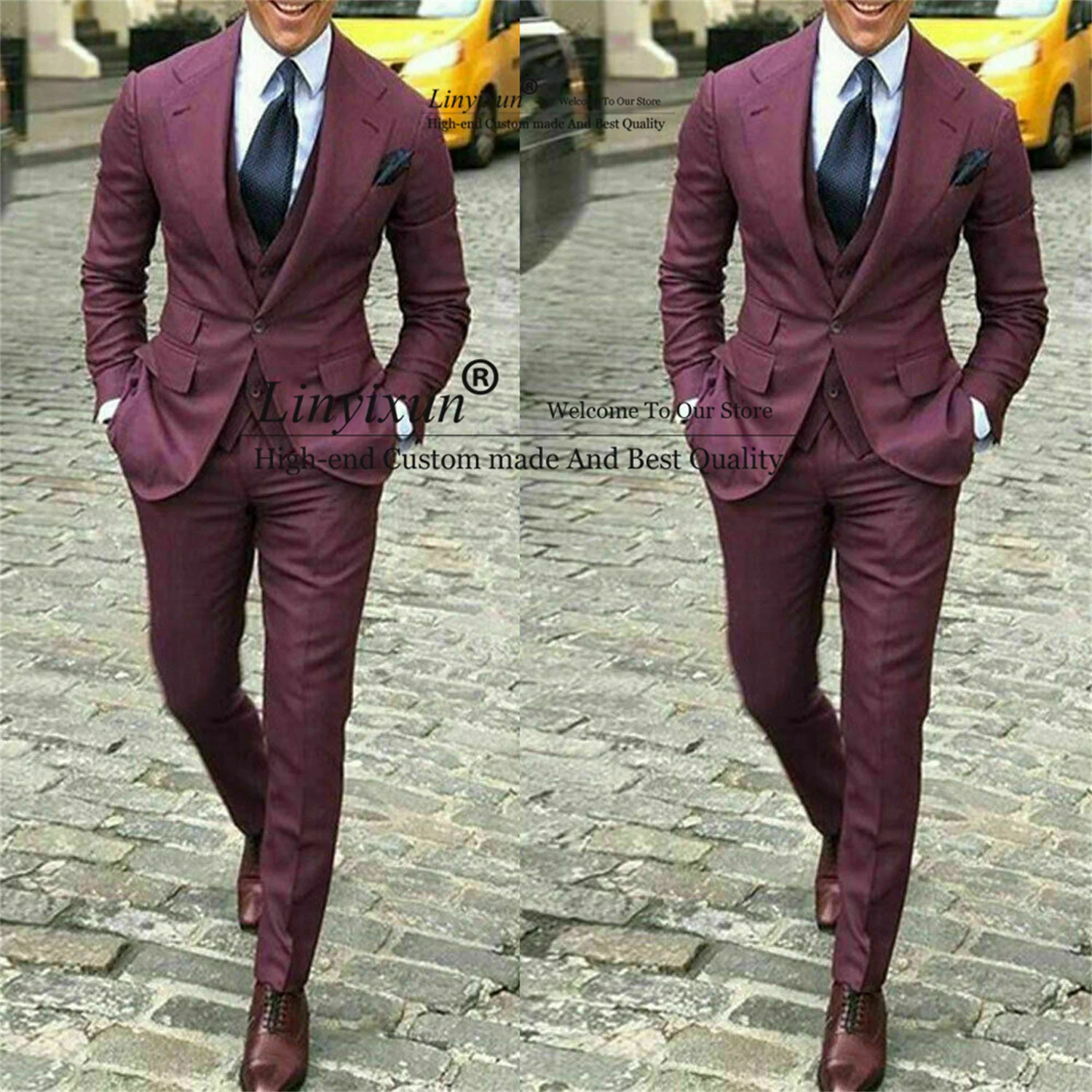 

Fashion Burgundy Men Suits For Wedding Slim Fit Groom Tuxedos 3 Pieces Jacket Vest Pants Male Prom Party Blazer Terno Masculino
