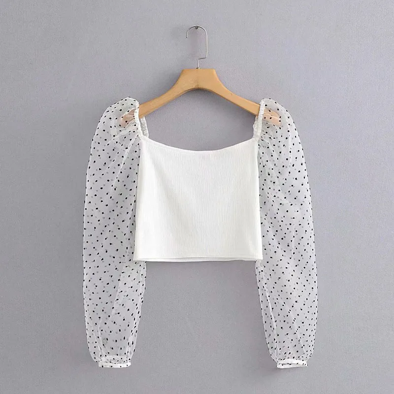 Женские сетчатые топы и блузки za белые с длинным рукавом принтом в горошек 2019 |