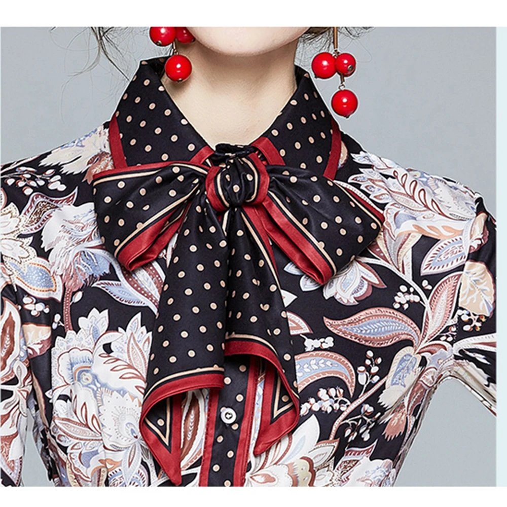 

Designer Runway Dress 2021 Women Autumn Long Sleeve Robe Femme High Quality Floral Print Elegant Bow Party Midi Dress Vestidos