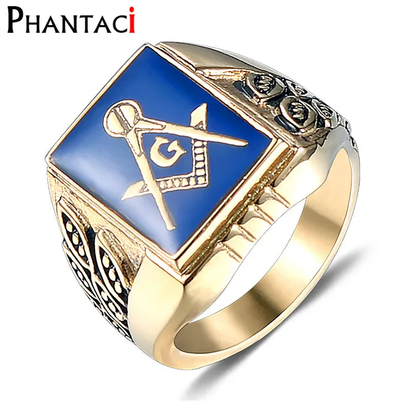 Stainless Steel Big Rings For Men Mason Freemasonry Blue Retro Men's Ring Masonic Vintange Bague Homme Gold Color Anillos Bague