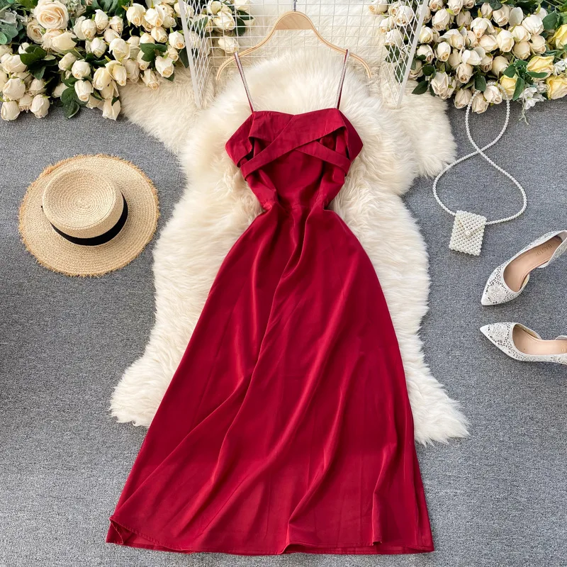 

2021 New Spring Summer Women's Chic Solid Dress Spaghetti Strap Slash Neck Casual Backless Vintage Sexy Ladies Dress