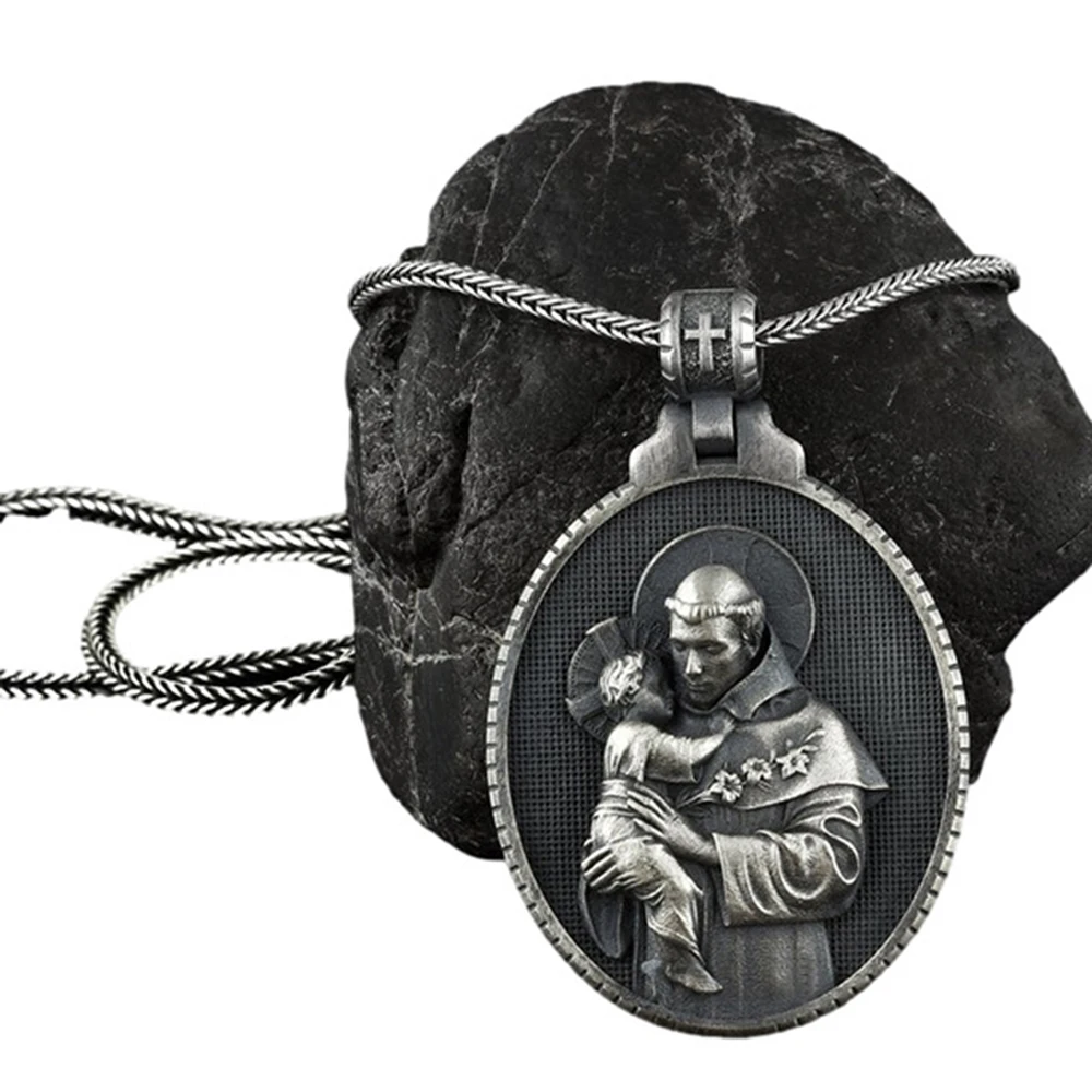 

Fashion Vintage Catholic Saint Anthony Men's Pendant Necklace Christian Medal Chain Necklace