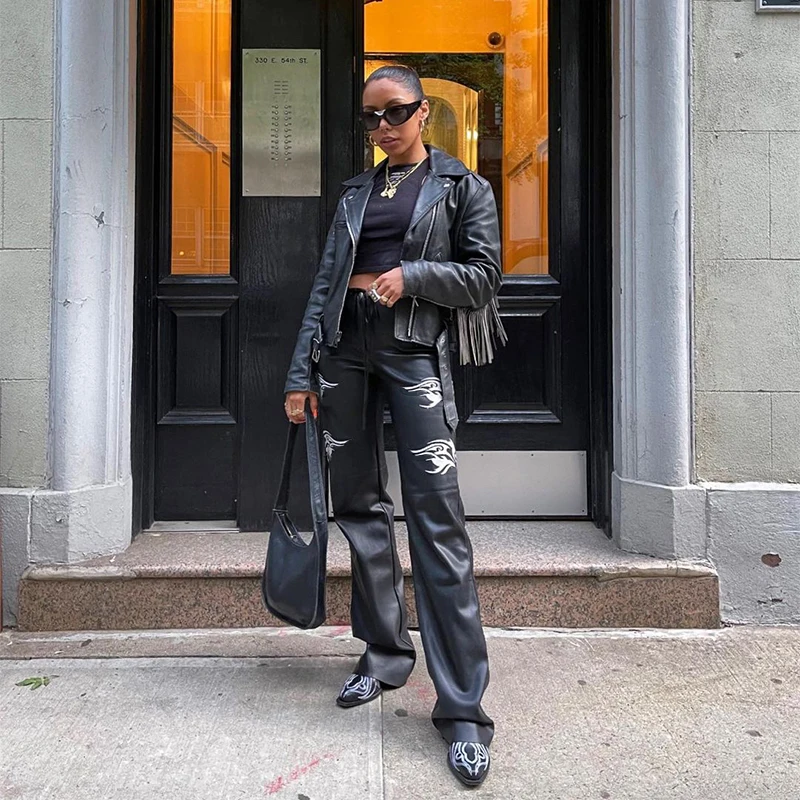 

Streetwear Faux PU Leather Y2K Pants Harajuku Grunge Punk High Waist Straight Black Pants Goth Loose Women Trousers