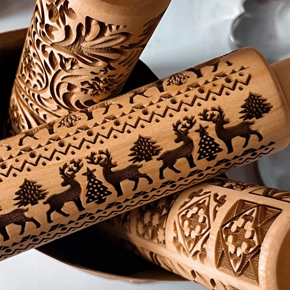 Christmas Pattern Rolling pin Wooden Embossing Biscuit Fondant Baking Tools Reindeer Dough Engraved Roller Trees Socks Bells | Дом и сад
