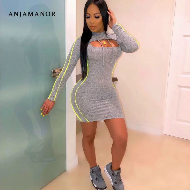 ANJAMANOR Клубная одежда, комплект из двух предметов для женщин, толстовка с капюшоном и платье, одинаковые комплекты больших размеров, модные наряды, Осень-зима, D30-AF52