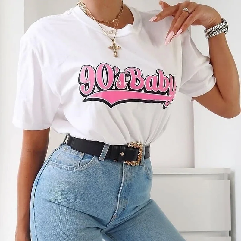 

Женская летняя свободная футболка с коротким рукавом, забавная туника в стиле 90-х с графическим принтом букв, топы большого размера, уличная...